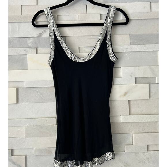 AQUA BLOOMINGDALE'S Matte Silver Sequin Trimmed Mesh Semi-sheer Black Tank M - Picture 1 of 5